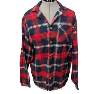 Old Navy Mens Flannel Shirt Medium Red‎ Blue Plaid Button Down Long Sleeve